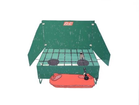 Digital illustration of a green and red Coleman camp stove with its lid open and burners exposed. The stove sits on a plain white background and evokes the familiarity of cooking equipment used in northern communities.