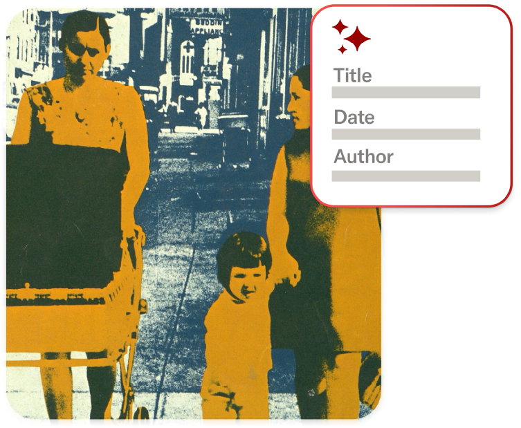 A stylized, high-contrast image of three people—a woman pushing a baby stroller, a young child, and another woman—walking down a city street. The image is rendered in bold blue and orange tones. A metadata input box with placeholder fields for "Title," "Date," and "Author" is overlaid on the right side, featuring a red decorative icon at the top.