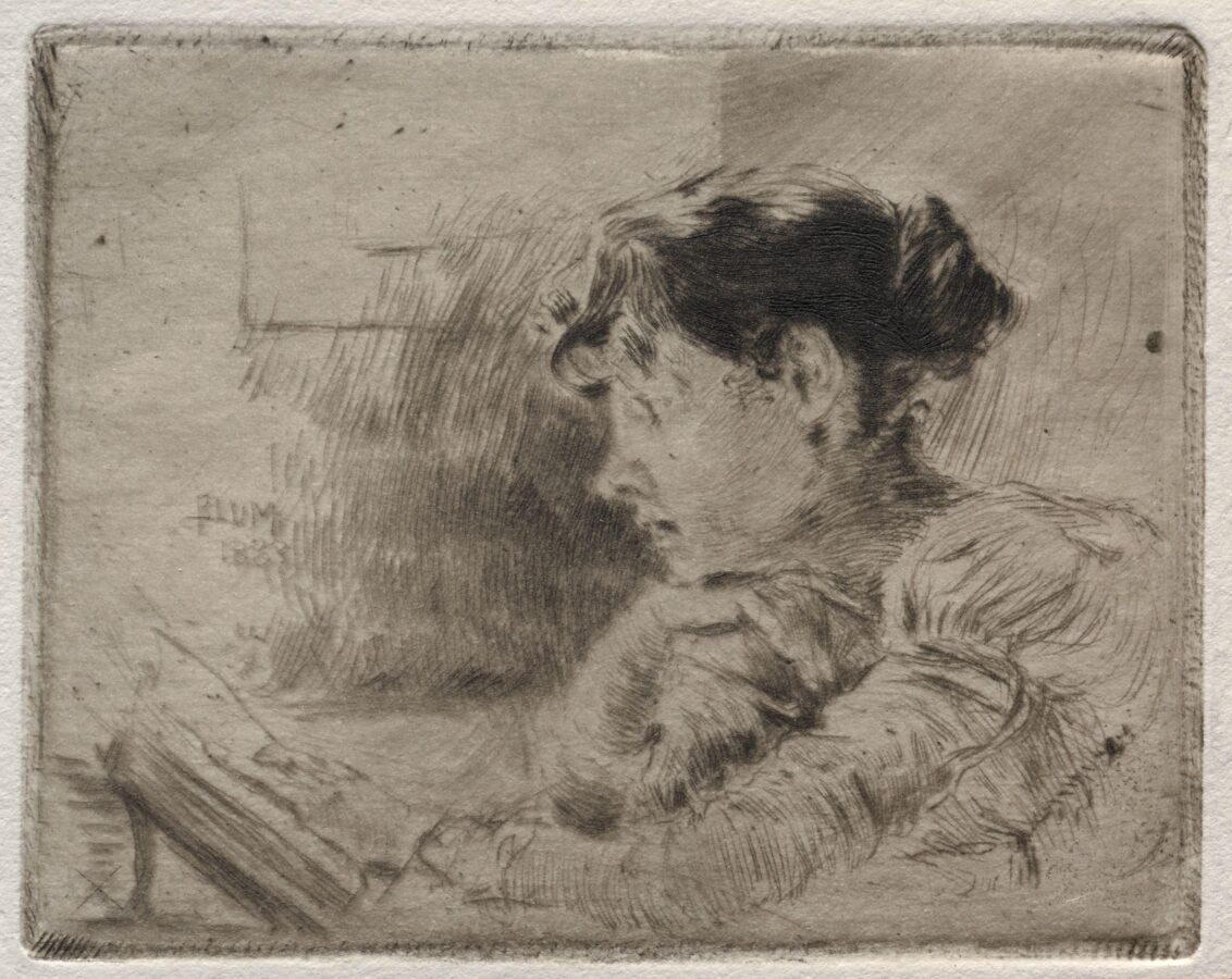 Pencil drawing of the profile of a girl with her hair in a ponytail resting her chin on one hand and studying an open book.
