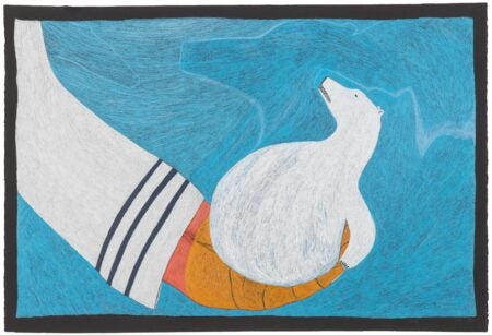 Color pencil drawing of a white polar bear sitting in an orange-gloved hand, which extends from a figure wearing a white sleeve with dark stripes. The background is filled with swirling blue lines, evoking cold or wind.