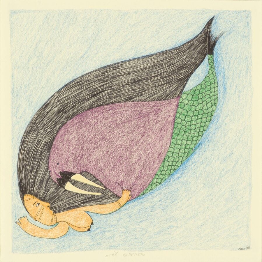 Color pencil drawing of a mythological creature combining a mermaid and a walrus. The figure has a human upper body, a long green-scaled tail, and a walrus head with tusks. Long dark hair swirls around the figure against a pale blue background.