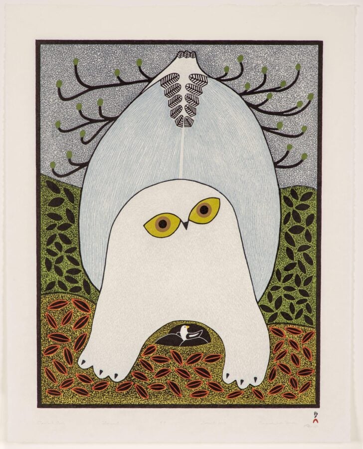 Stylized print of a white owl with bright yellow eyes, standing against a patterned background of branches and leaves. The owl’s body appears as part of an abstract form that includes another bird’s nest near its feet.