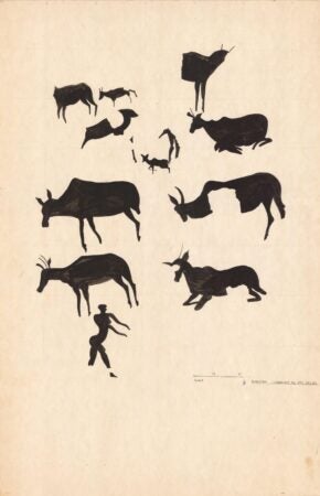 1 female figure, 6 tsessebe and 3 undetermined antelope.; Painting; Brush painted