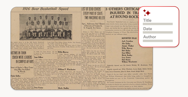 "A scanned newspaper clipping featuring an article with the title '1926 Bear Basketball Squad' and a black-and-white team photo at the top. The newspaper includes multiple columns of text with headlines about a train crash and a list of reported casualties. In the top right corner, a metadata input box with a red sparkle icon is overlaid, containing fields labeled 'Title,' 'Date,' and 'Author.'