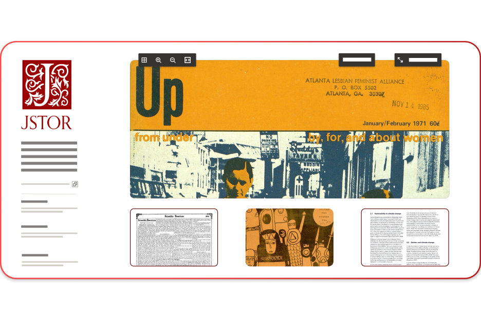 JSTOR digital archive interface featuring a scanned cover of "Up from Under" with zoom and navigation tools, alongside related archived materials.