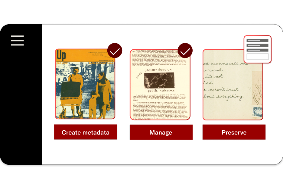 User interface of a digital archive system displaying options to create metadata, manage records, and preserve documents.