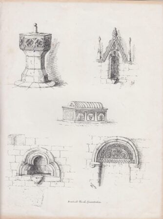 An engraving showing five architectural details from Broadwell Church, Gloucestershire. Top left: an octagonal baptismal font decorated with carved foliage motifs. Top right: a pointed Gothic window framed with ornate tracery and pinnacles. Center: an embellished tomb chest with shields and leaf designs. Bottom left: a small rounded-arch window with deeply recessed stone layers and a projecting basin. Bottom right: an elaborately carved Norman arch with circular and foliage patterns.