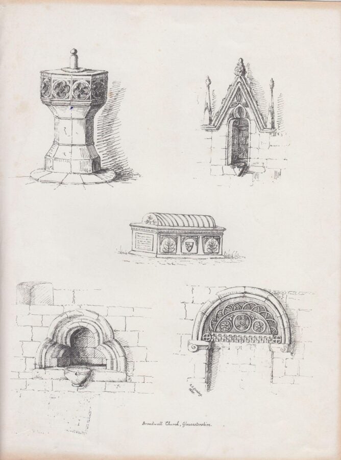 An engraving showing five architectural details from Broadwell Church, Gloucestershire. Top left: an octagonal baptismal font decorated with carved foliage motifs. Top right: a pointed Gothic window framed with ornate tracery and pinnacles. Center: an embellished tomb chest with shields and leaf designs. Bottom left: a small rounded-arch window with deeply recessed stone layers and a projecting basin. Bottom right: an elaborately carved Norman arch with circular and foliage patterns.