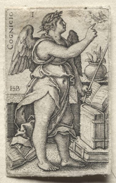An ink illustration of an angel with wings, robe, and crown of leaves pointing to a figure in the sky while standing over a stack of books.