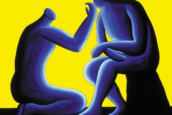 Abstract illustration of two faceless, blue-toned humanoid figures against a vibrant yellow background; one figure kneels with a hand gently reaching toward the other's bowed head, which is seated with arms crossed, evoking a sense of empathy, comfort, or emotional support.