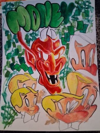 Created by Wyatt Lazer Reed, an abstract portrait showcasing a contemplative face with closed eyes, rendered in bold brush strokes. The use of vivid colors like orange, purple, and blue creates a dramatic contrast, reflecting a deep emotional state and a sense of introspection.