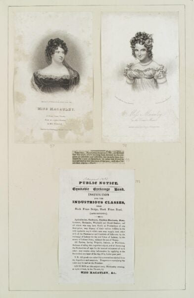 A composite page featuring two engraved portraits of Miss Macauley and a public notice. The left portrait shows Miss Macauley in formal dress with a lace-trimmed neckline, captioned “Miss Macauley, of Drury Lane Theatre.” The right portrait shows her smiling in costume as “The Comic Muse,” adorned with floral accessories. Below the portraits is a printed flyer titled “Public Notice. Equitable Exchange Bank. Institution for the Industrious Classes,” dated January 1832, detailing a labor exchange and lectures led by Miss Macauley.