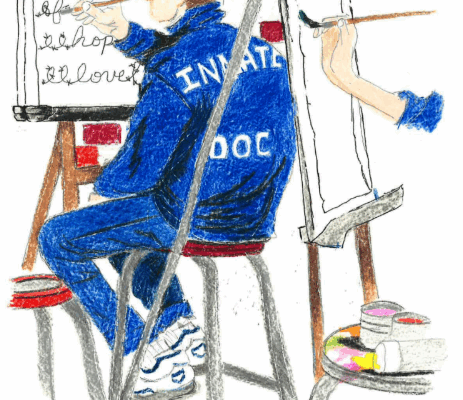 A hand-drawn illustration of an incarcerated artist at work, shown from the side view. The person wears a blue DOC (Department of Corrections) uniform with "INMATE" text and a blue cap, sitting on a stool at an easel. They are depicted holding a paintbrush while working on two canvases - one with visible text that appears to read "hope" and "love," and another blank canvas to their right. Art supplies are scattered at the base of the easel. The illustration is rendered in colored pencil or similar medium, with blue being the dominant color.