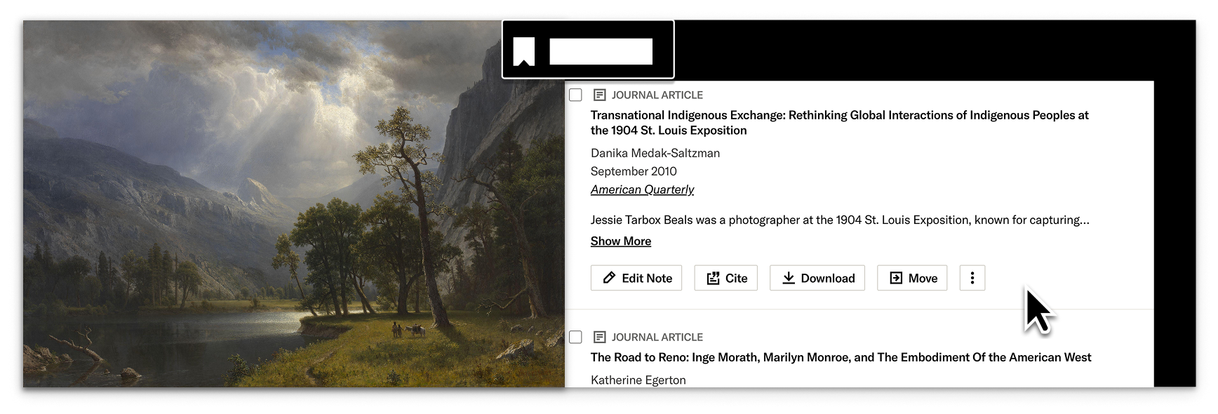 (Image on left) Albert Bierstadt. Mount Starr King, Yosemite. 1866. The Cleveland Museum of Art. Image left is a screenshot of Workspace with notes