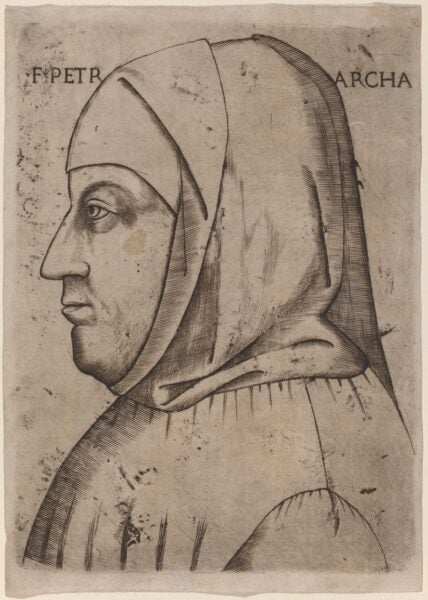 Early Renaissance engraving of the poet Petrarch in profile, facing left, wearing a hooded garment. The background is plain, with the name “F. PETRARCHA” faintly inscribed behind him.