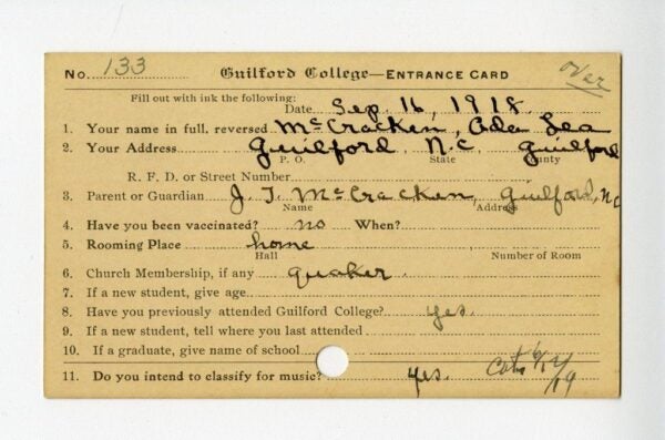 A filled-out entrance card for Guilford College dated September 16, 1918. It includes handwritten responses from student Ada Lea McCracken, including her address in Guilford, NC, guardian’s name, church membership (Quaker), and other enrollment details.