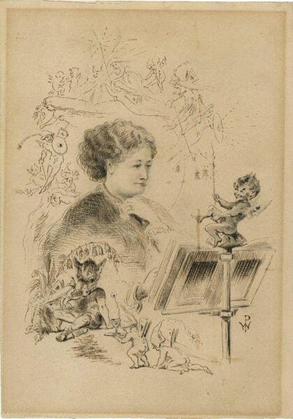 Ink drawing of a woman reading, surrounded by imaginative illustrations of characters from A Midsummer Night’s Dream, including fairies, a satyr, and a small figure conducting music from a stand. The scene blends realism with whimsy, evoking theatrical fantasy.
