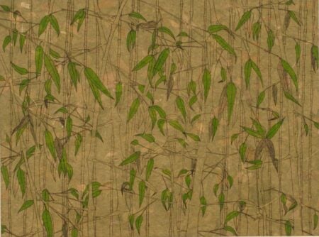 A delicate print or illustration of bamboo stalks and leaves rendered in earthy greens and browns on textured, tan paper. The fine lines and layered washes evoke a calm, natural scene, with leaves floating in different directions.