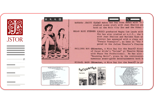 A JSTOR-branded digital viewer interface displays a scanned pink theater program with biographical notes and a black-and-white photo of two women. Below the main viewing pane are thumbnails of additional documents. The top toolbar includes options to zoom, rotate, and view metadata.