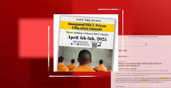 Flyer for Bowie State University’s Inaugural HBCU Prison Education Summit showing event details over the back of a man’s head wearing an orange jumpsuit in a classroom setting.