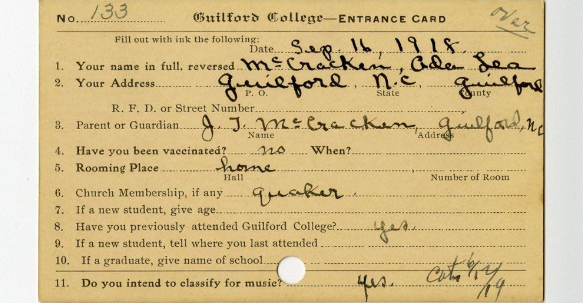 A yellowed Guilford College “Entrance Card” (No. 133) dated Sept. 16, 1918, with printed questions and black-ink handwritten answers. It records student Ada Lea McCracken of Guilford, North Carolina.