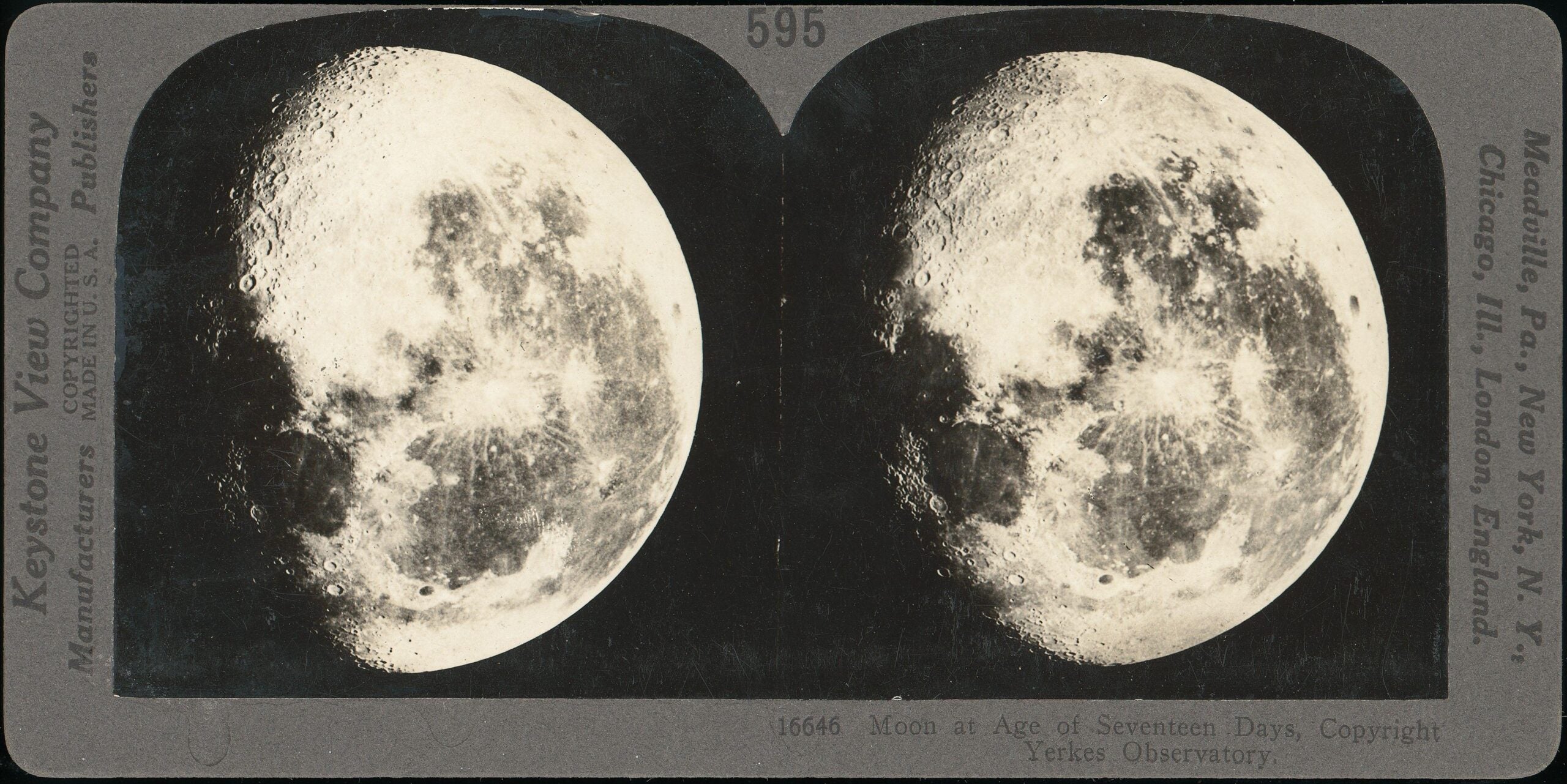 Vintage stereograph image showing two side-by-side photographs of the moon at seventeen days old, highlighting craters and surface details.