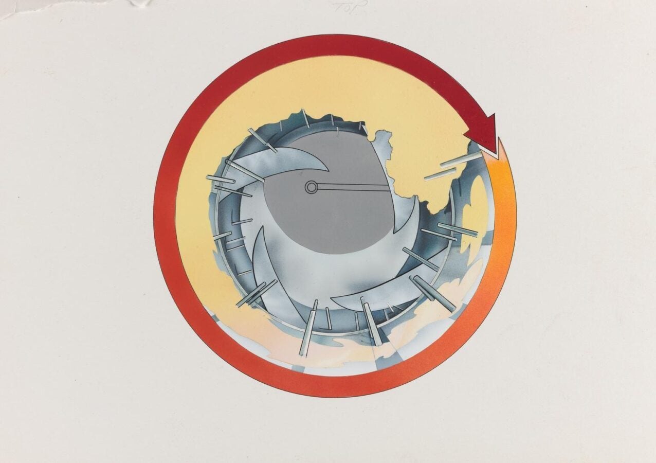 Red–orange circular arrow encircling a grey, turbine-like spiral with radial pins and cloudlike shading on a pale background.