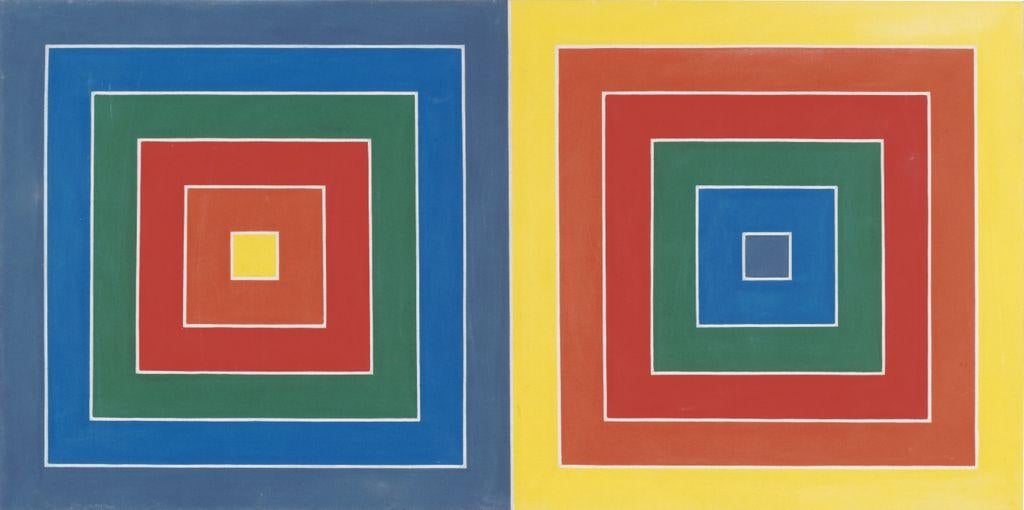 Two square compositions side by side, each made of concentric colored squares. The left has a blue outer border, the right a yellow one, creating a bold geometric contrast.