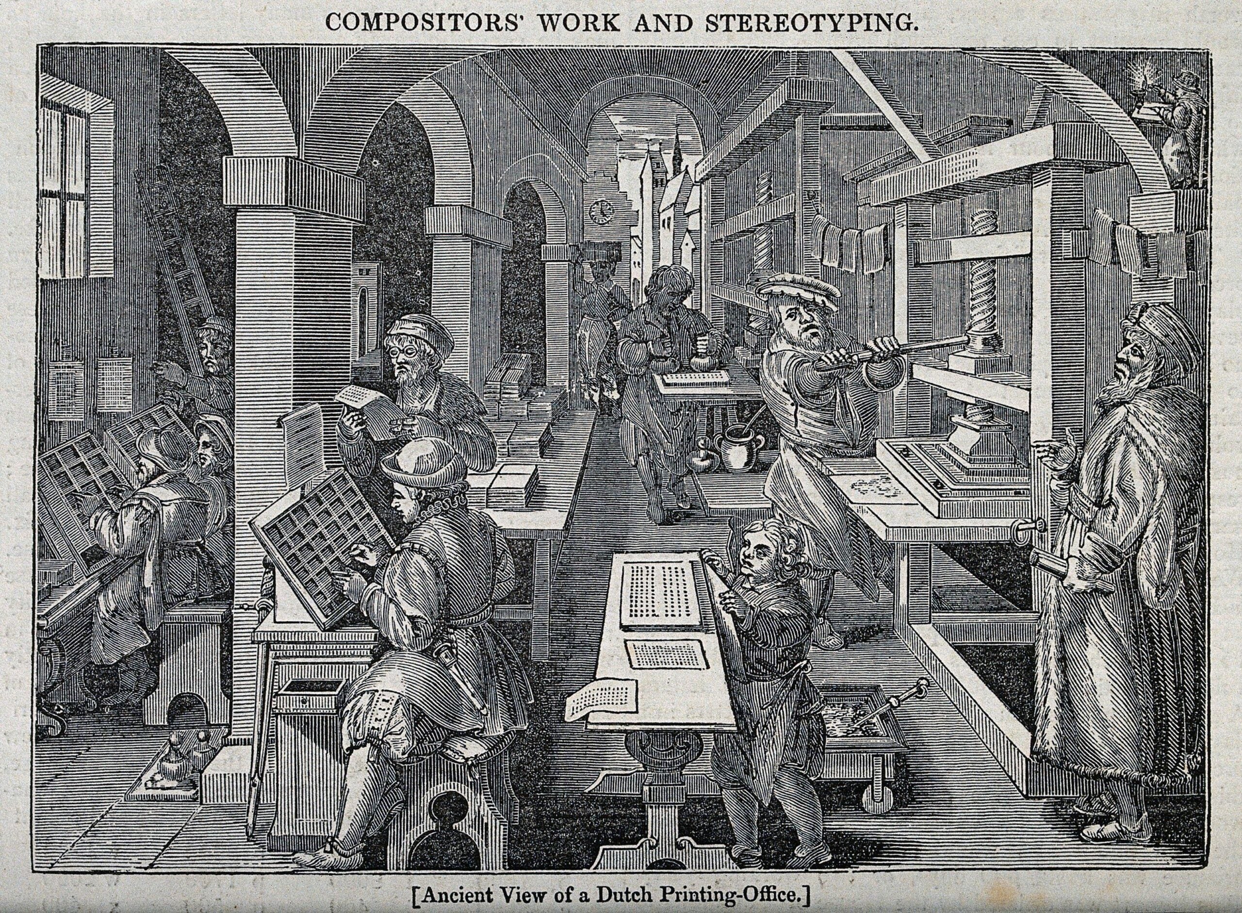 Engraving titled “Compositors’ Work and Stereotyping” showing a busy Dutch printing shop: workers set type, proof pages, and pull a hand press beneath arched ceilings; sheets hang to dry.