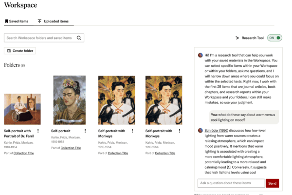 Screenshot of JSTOR Workspace: a grid of saved folders with Frida Kahlo self-portraits, and a Research Tool sidebar answering a question about warm vs. cool lighting.