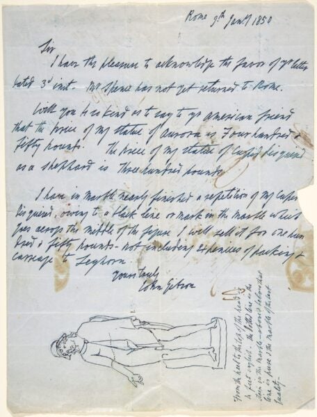 Handwritten letter on blue paper dated “Rome 9th Jan.y 1850” from sculptor John Gibson. He acknowledges a prior letter and quotes prices for his statues of Aurora (£450) and Cupid disguised as a shepherd (£300). The page shows brown stains and folds and is signed “John Gibson.” At the bottom is a pen sketch of a standing male figure with dotted measurement lines and notes about height and a dark line in the marble.