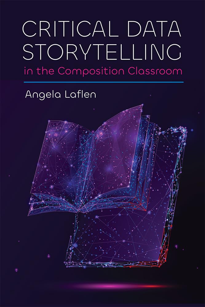 Cover of ‘Critical Data Storytelling’: a glowing wireframe book formed by star-like points and lines on a dark purple background.