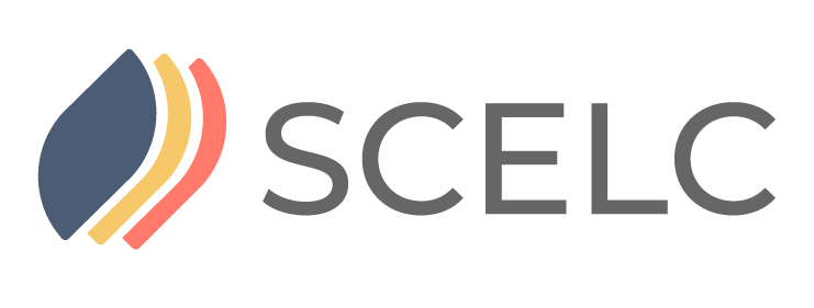 Logo with three overlapping curved shapes in navy blue, orange, and yellow, next to the text “SCELC” in gray capital letters.