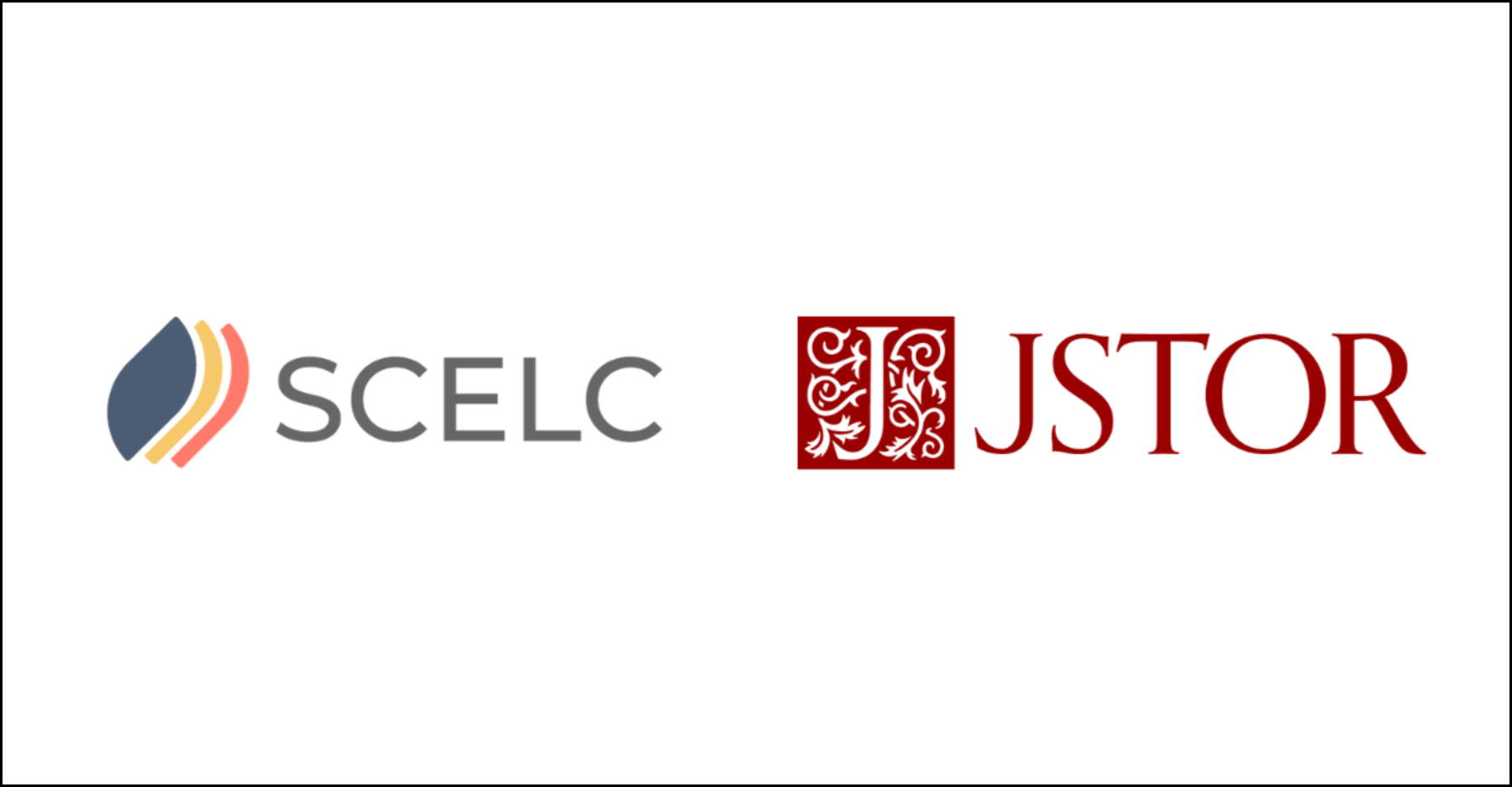 Two logos on a white background. On the left, the SCELC logo features a blue, orange, and yellow abstract design with the text “SCELC.” On the right, the JSTOR logo has a red ornate “J” followed by the text “JSTOR.”