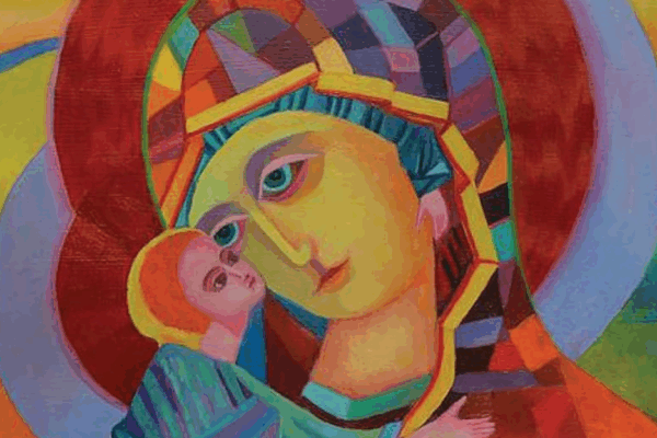 Detail of a modern, colorful icon-style painting depicting the Virgin Mary and infant Jesus with stylized geometric shapes and bright reds, yellows, greens, and blues from the cover of Women in the Orthodox Tradition: Feminism, Theology, and Equality by Ashley Marie Purpura.