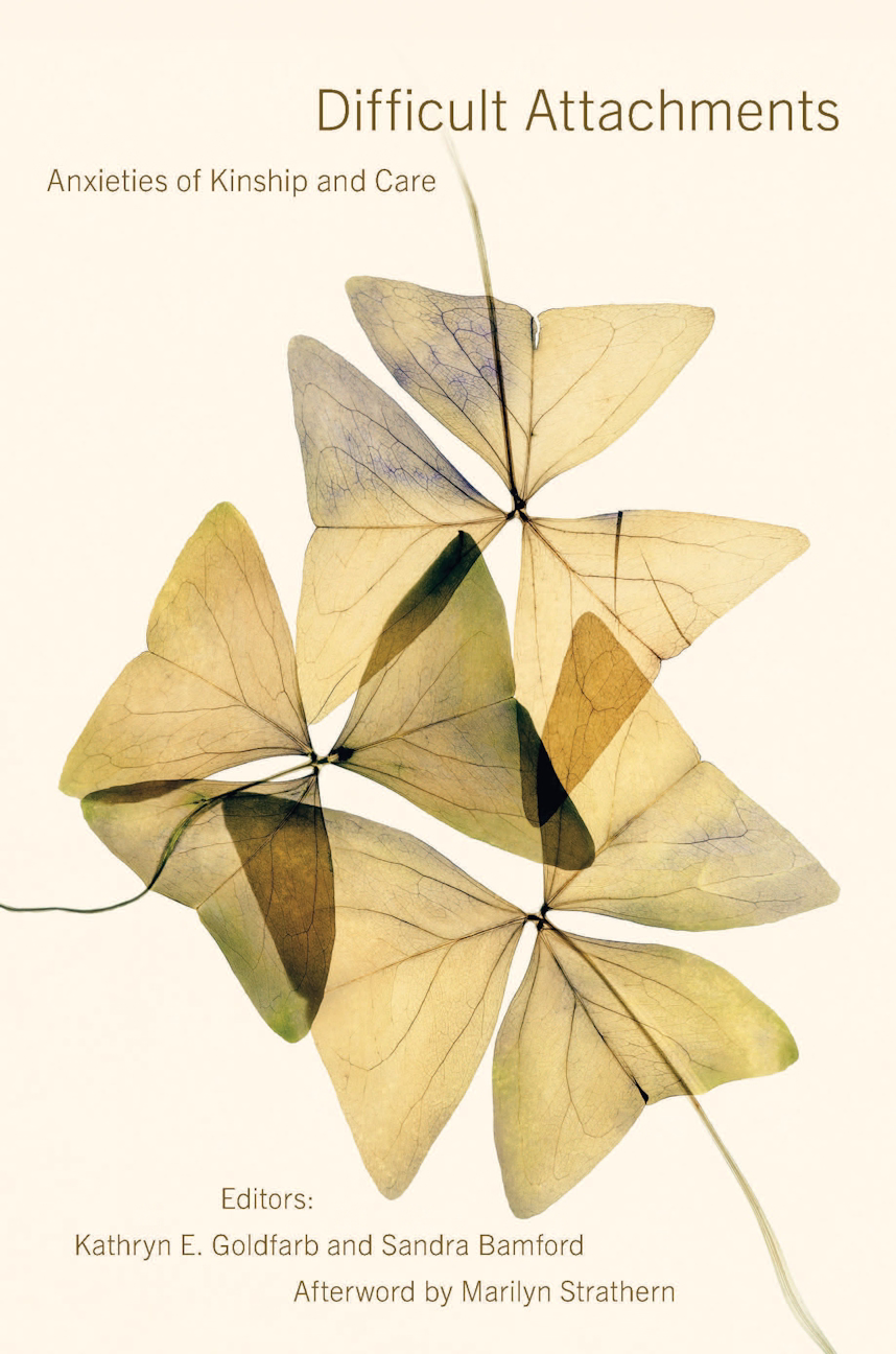 Minimalist beige cover with delicate overlapping botanical shapes resembling translucent leaves or wings in shades of gold, green, and pale purple. Title and subtitle in simple serif text above; editors Kathryn E. Goldfarb and Sandra Bamford, and afterword by Marilyn Strathern, are credited below.