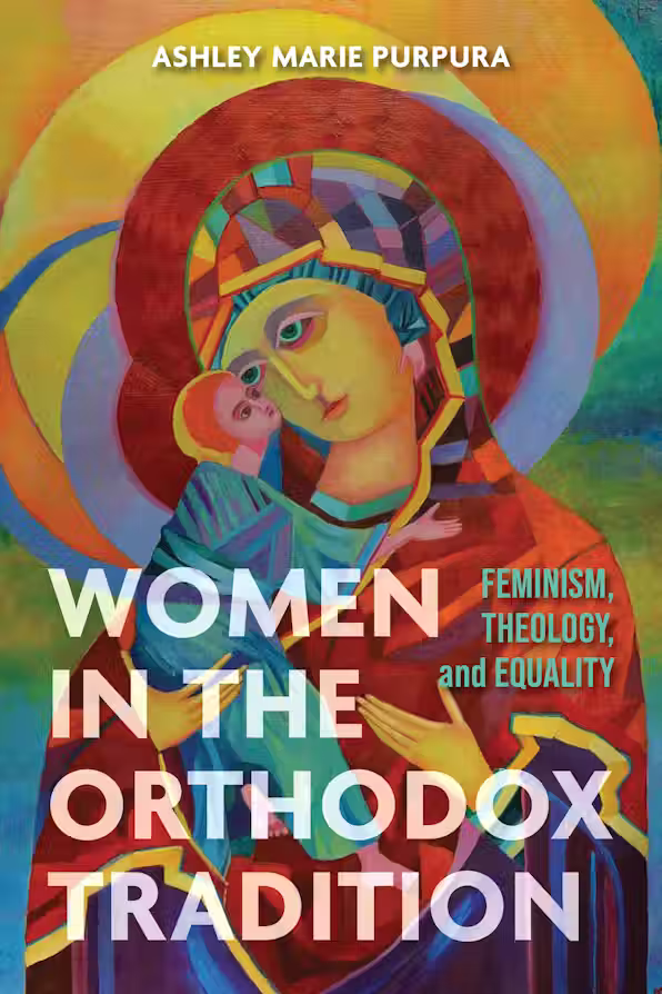 Vivid, colorful cover featuring a modern stylized icon of the Virgin Mary holding the infant Jesus, in geometric patterns of red, yellow, blue, and green. Title and subtitle are overlaid in white and teal. Author Ashley Marie Purpura’s name is at the top.