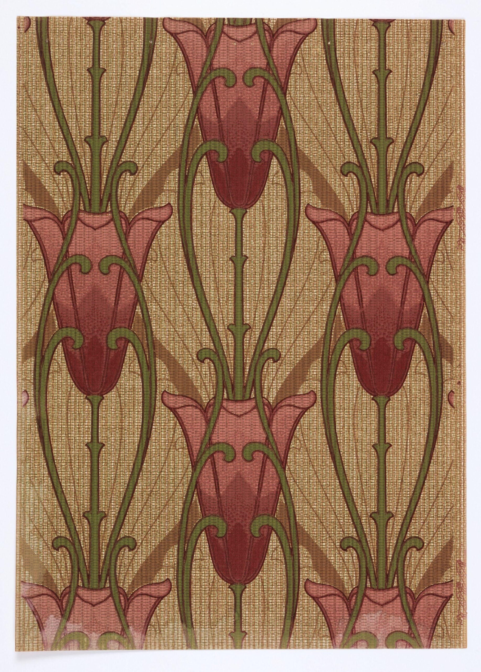 Repeating Art Nouveau wallpaper pattern showing stylized red tulip-like flowers with green stems and outlines on a textured brown background.