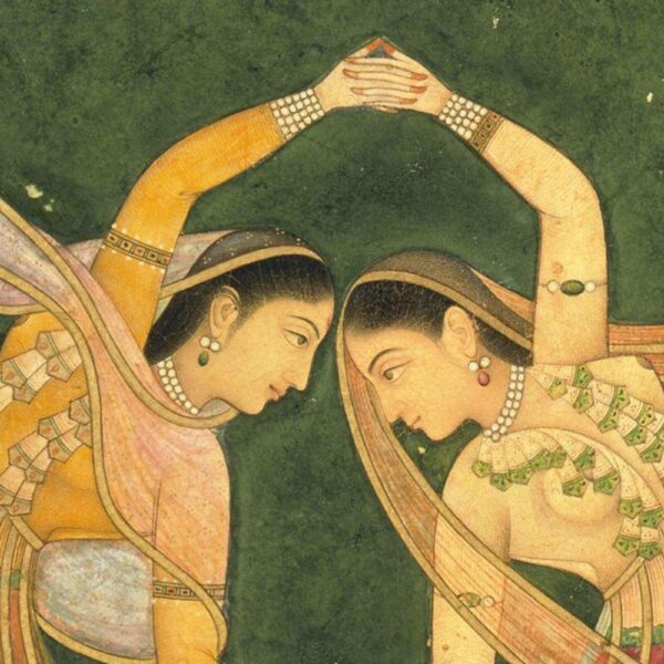 A detailed miniature painting showing two women in flowing, patterned garments and jewelry dancing with raised arms. Their movements mirror each other against a dark green background.