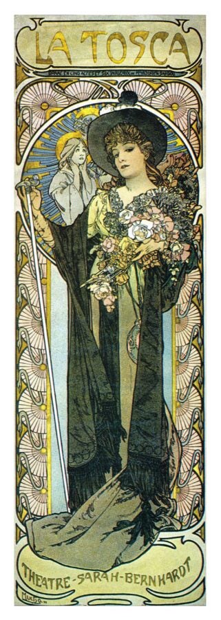 Art Nouveau poster by Alphonse Mucha for “La Tosca,” 1899. The tall, narrow composition shows actress Sarah Bernhardt in a flowing gown and large hat, holding flowers and a staff, framed by ornate decorative patterns and pastel tones of gold, cream, and soft green.