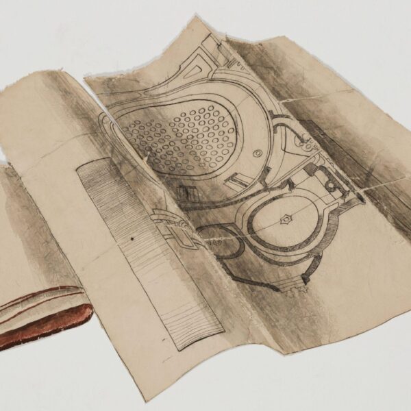 A drawing of an open sketchbook and a folded technical blueprint. The book’s pages are rough and brown-edged, while the unfolded sheet shows a detailed mechanical diagram with circular grids and curved lines, resembling machinery or an engine part, rendered in fine pencil and shaded tones of beige and gray.