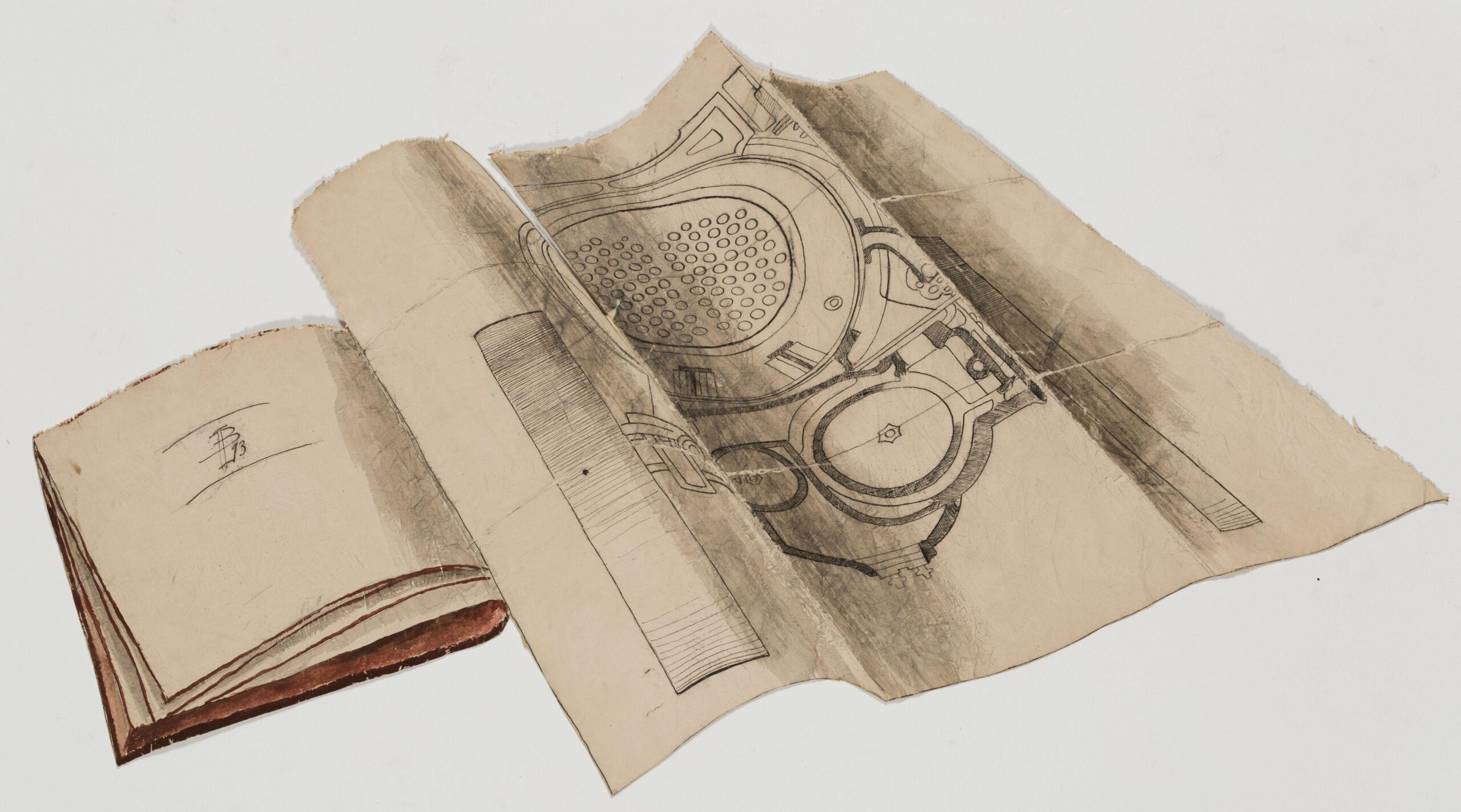 A drawing of an open sketchbook and a folded technical blueprint. The book’s pages are rough and brown-edged, while the unfolded sheet shows a detailed mechanical diagram with circular grids and curved lines, resembling machinery or an engine part, rendered in fine pencil and shaded tones of beige and gray.