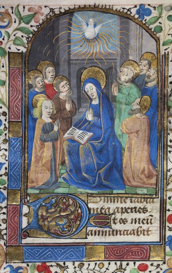 Illuminated manuscript page depicting the Virgin Mary and apostles praying beneath a dove representing the Holy Spirit, framed with floral designs and gold accents.