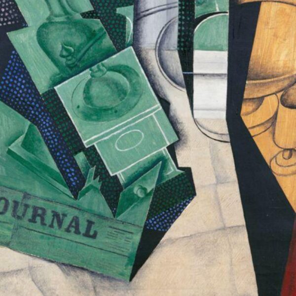 A Cubist painting composed of overlapping geometric planes in green, blue, beige, and red, forming a fragmented breakfast scene with recognizable elements such as cups, a coffee pot, and a newspaper labeled Le Journal.