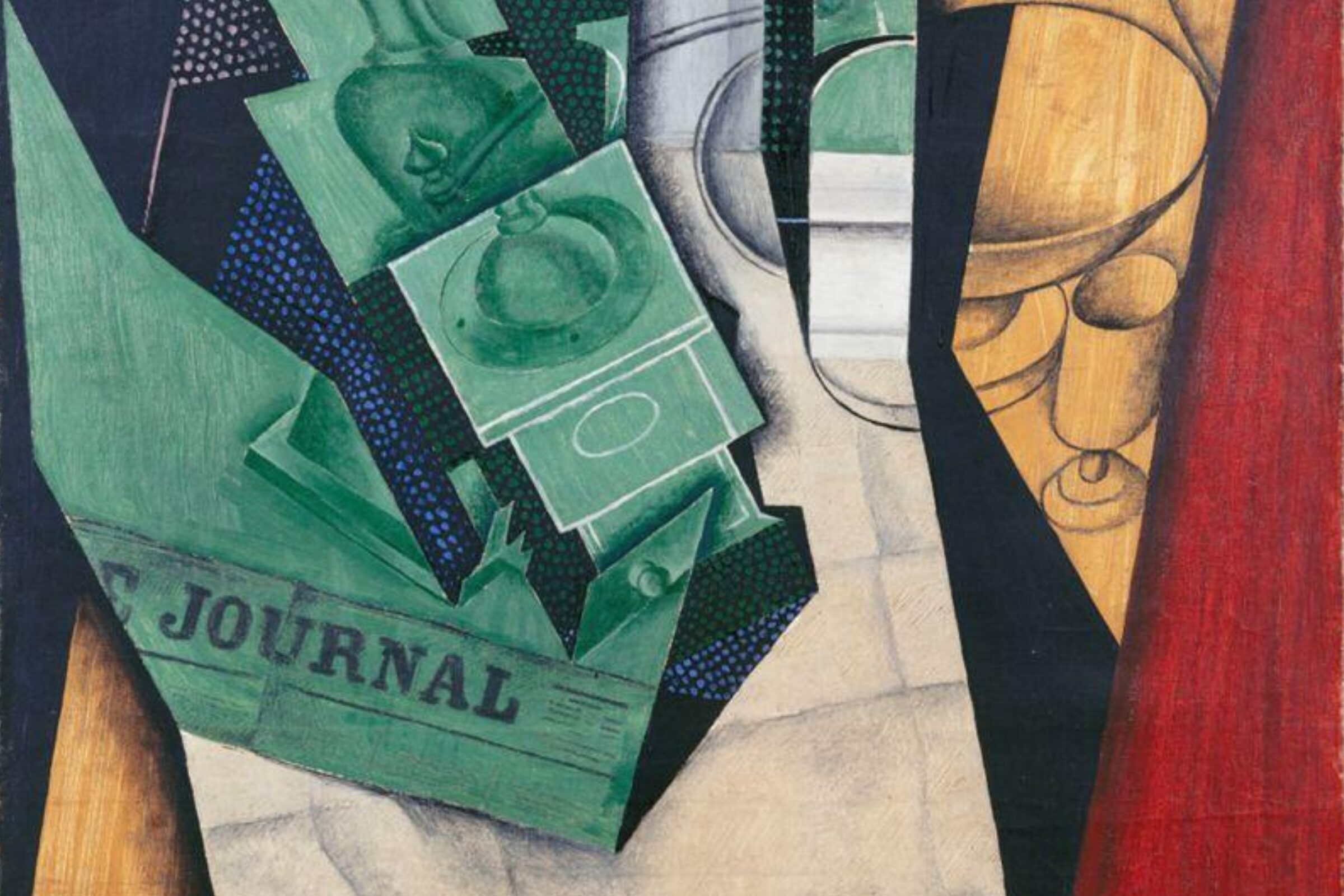 A Cubist painting composed of overlapping geometric planes in green, blue, beige, and red, forming a fragmented breakfast scene with recognizable elements such as cups, a coffee pot, and a newspaper labeled Le Journal.