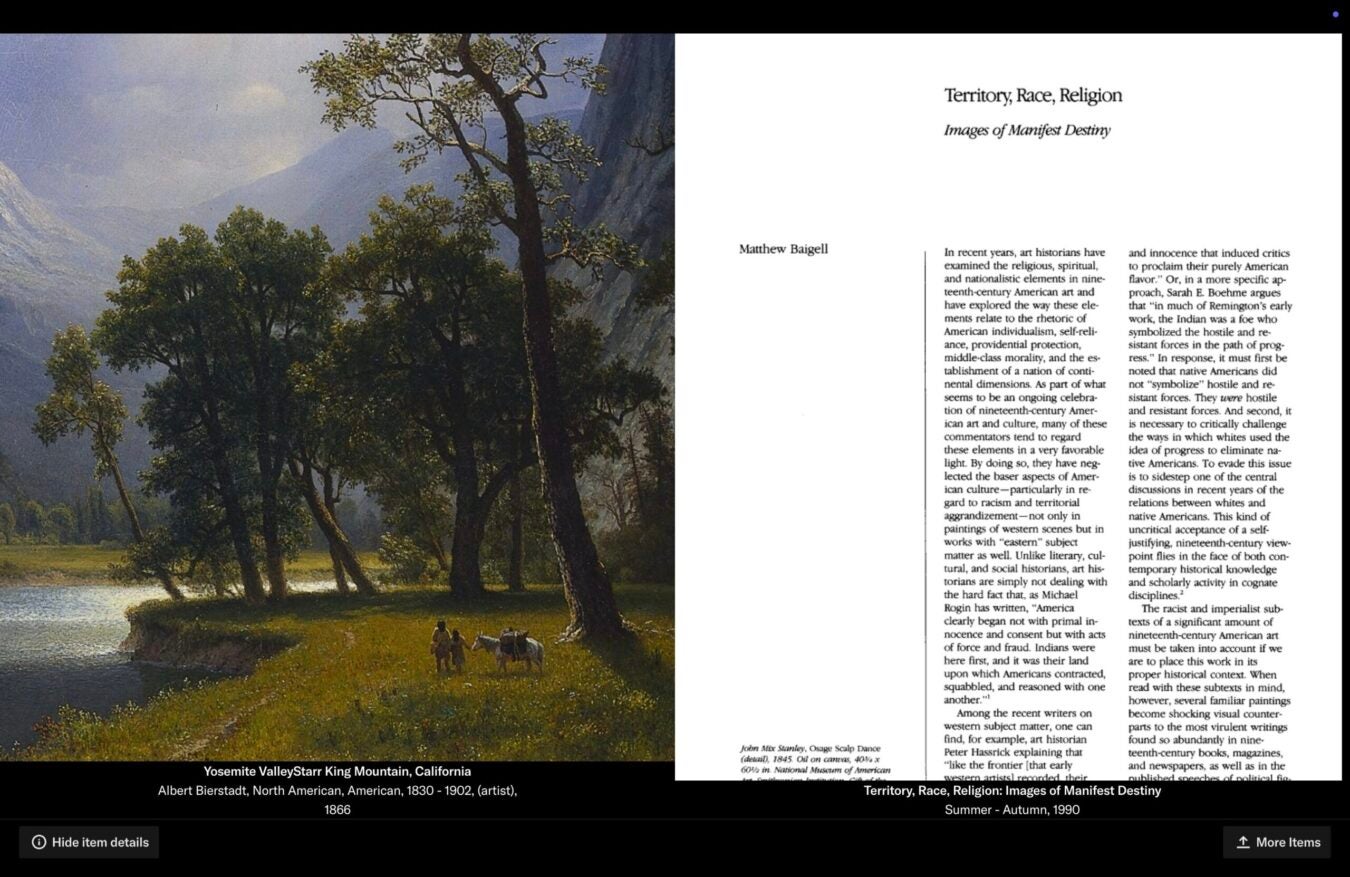 A view of the Compare feature on JSTOR showing Albert Bierstadt’s painting “Yosemite Valley, Starr King Mountain, California” side-by-side with the article “Territory, Race, Religion: Images of Manifest Destiny” by Matthew Baigell.