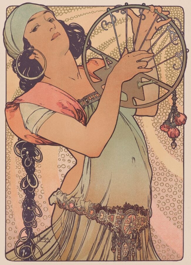 Art Nouveau poster illustration of a woman with dark hair, hoop earrings, and flowing garments playing a decorative harp-like instrument. The design features sinuous lines and soft pastel tones of pink, green, and gold.