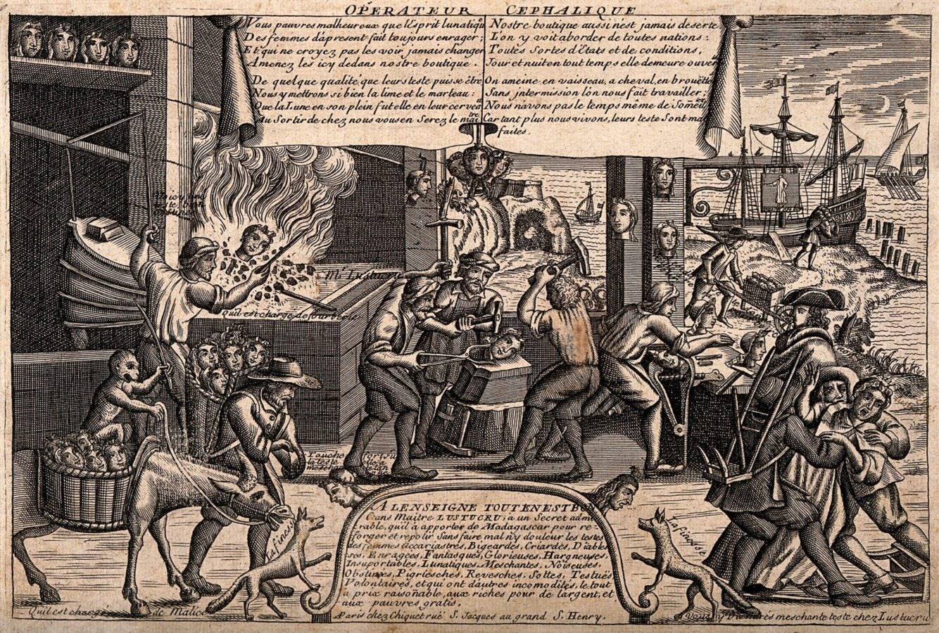 A satirical 17th-century French engraving depicting women’s heads being reforged in a seaside workshop as a supposed cure for madness. Men hammer, heat, and reshape women’s heads while ships and gallows appear in the distance; two dogs labeled “la finesse” look on. The print references the ‘Lustucru’ satires mocking women’s intellect and emerging feminism in Parisian salons.