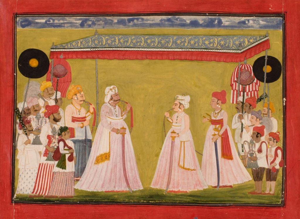 An 18th-century Indian painting depicting two royals in white garments meeting under a canopy, surrounded by attendants and musicians in colorful attire.