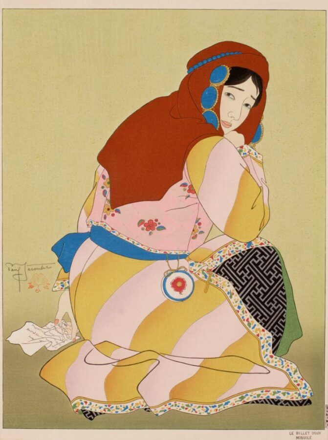 A color woodcut by Paul Jacoulet depicting a Mongolian woman in a pink, yellow, and gold robe with floral patterns and a red headscarf adorned with blue ornaments, seated and turning to look toward the viewer while holding a folded paper.